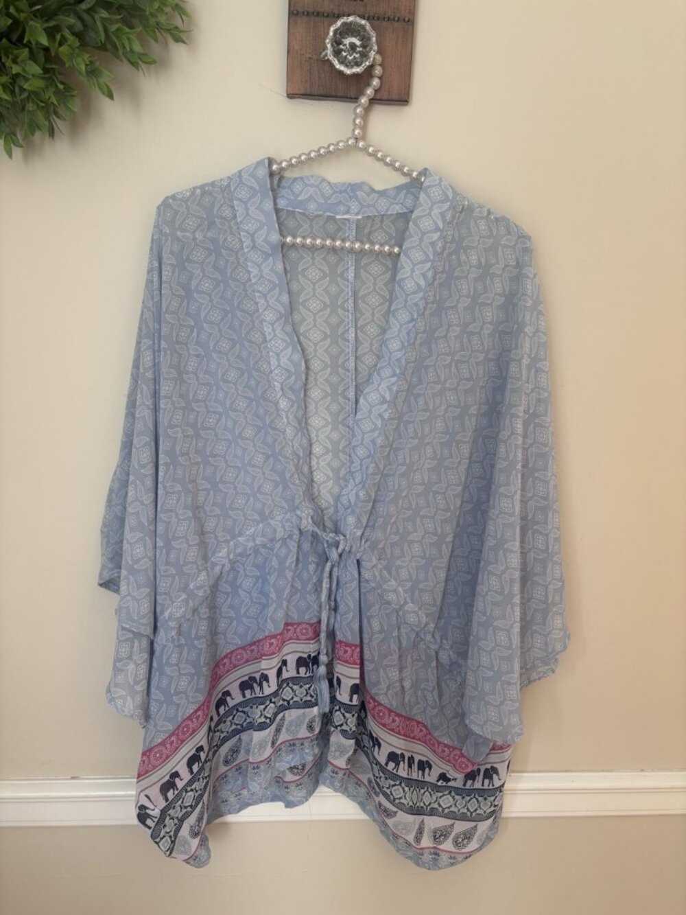 Elephant Kimono Top Blue Floral Print Drawstring Tie Closure Lightweight